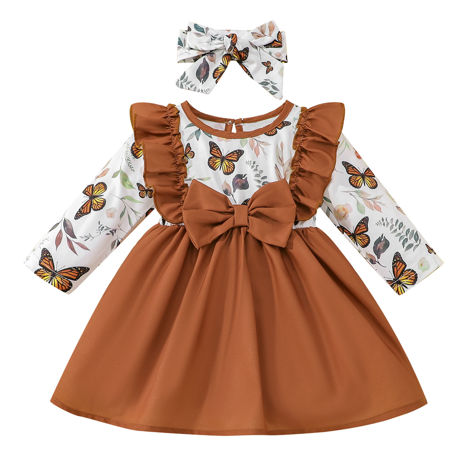 JSCDRPDWL Flower Girl Dress Girls Long Sleeve Ruffles Floral Prints Dresses Bowknot Princess Dress Headbands Set Baby Girls' Clothing Brown 9-12 Months